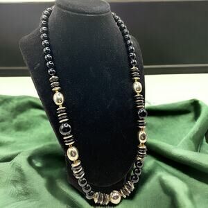 Vintage 1980s Black, Silver-Tone and Gold-Tone Beaded 25.5" Necklace!
